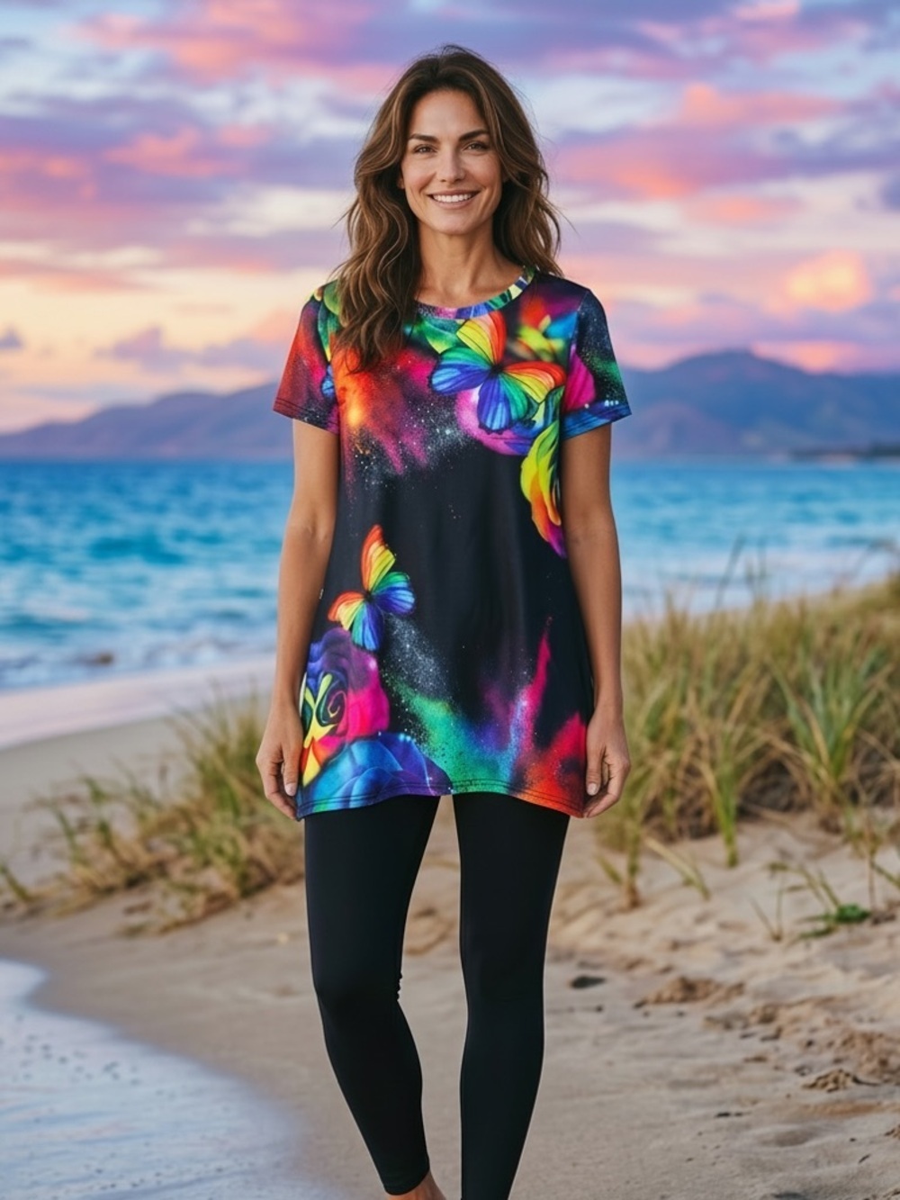 Colorful Butterfly Galaxy Tunic Top Small Rainbow Floral Psychedelic Art Tee